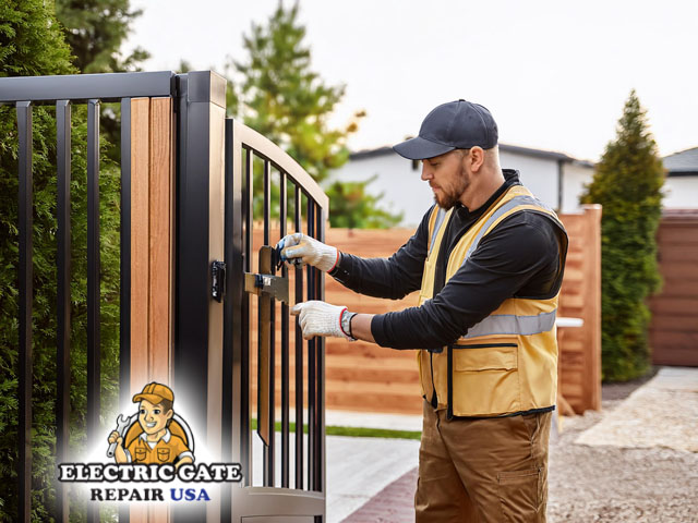 male professional technician performing expert custom gate installation