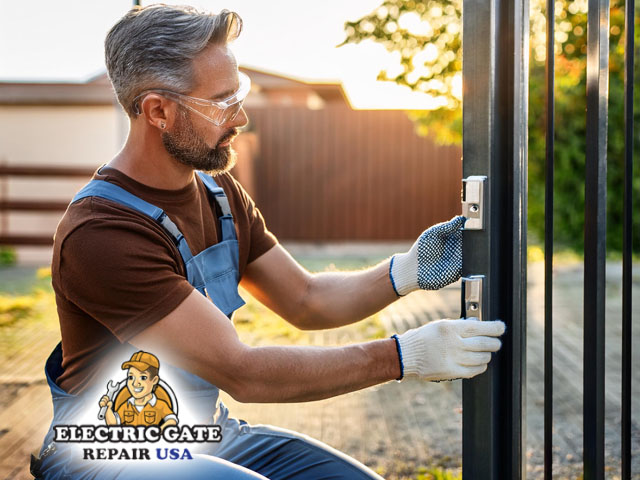 male professional technician performing expert electric gate maintenance