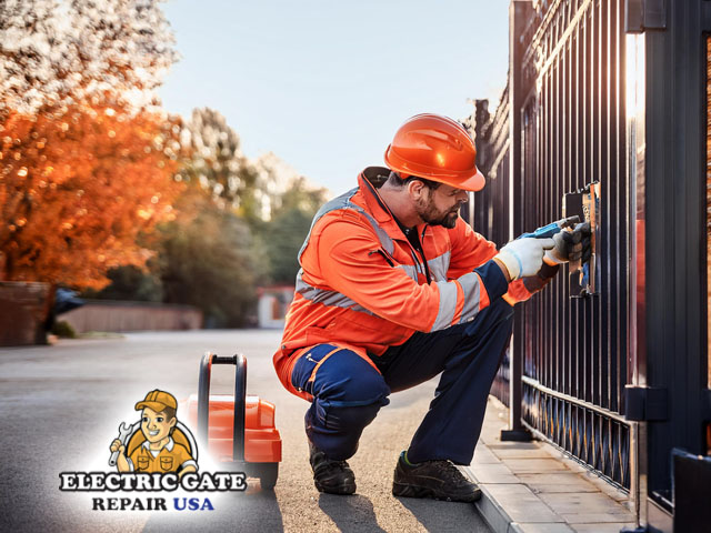 male professional technician performing emergency gate repair service