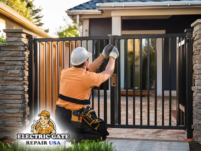 professional technician working performing expert security automatic gate upgrades installation in front of residential home